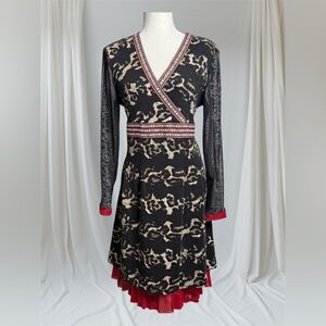 Vasna Desire Midi Length Dress Woman’s Size Large Mixed Prints Red Ruffle Boho